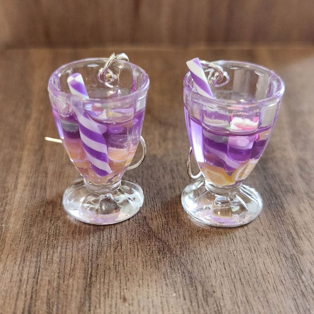 Handmade Purple Soda Fountain Glass Miniature Food Dangle Earrings Kitschy Resin